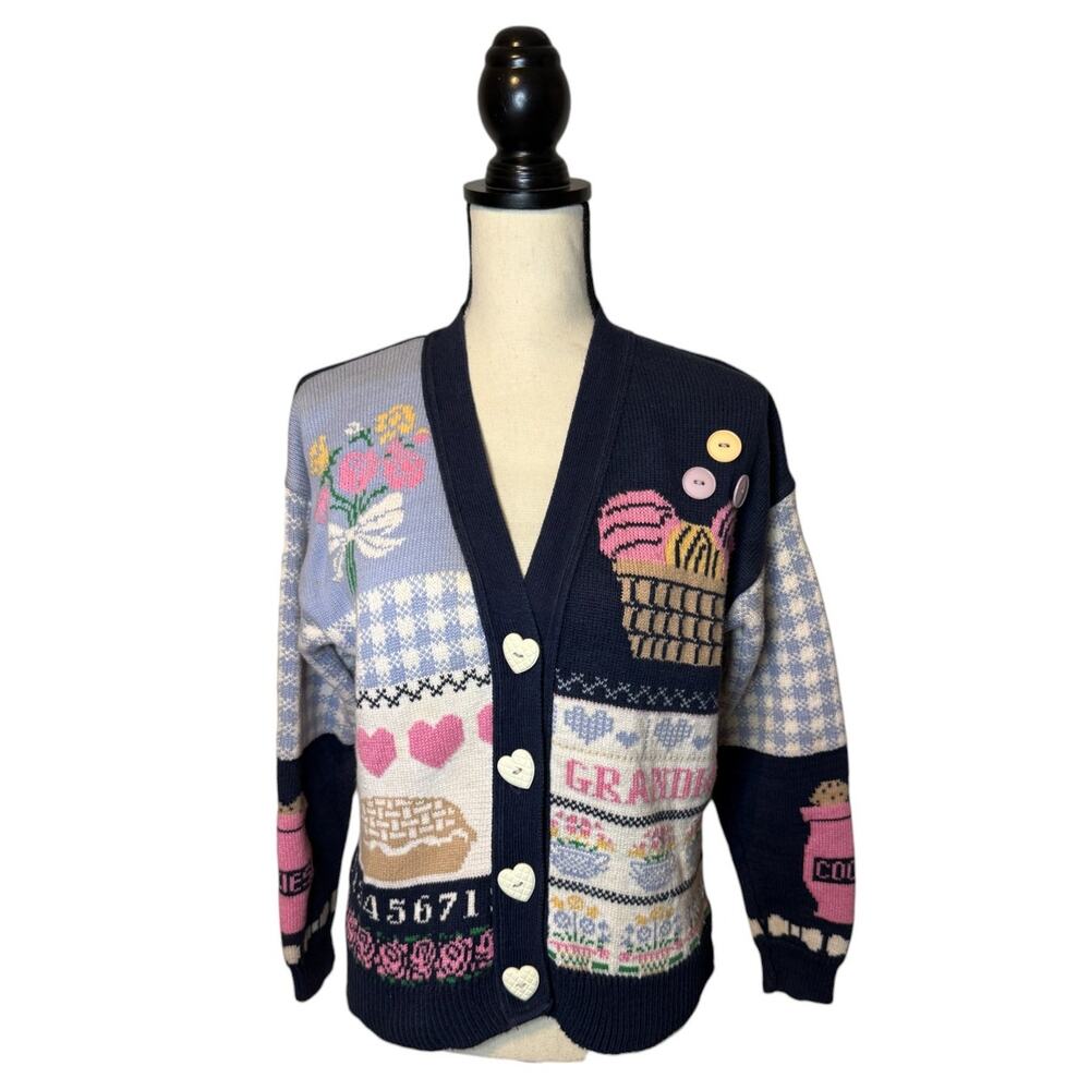 VTG Sweater Loft Costal Grandma Quirky Patchwork Knit Love Cardigan Size Large